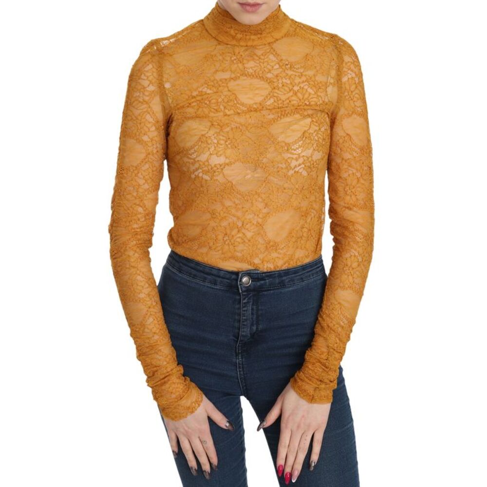 Mangano Mustard Turtle Neck Long Sleeve Lace Top Women's Blouse